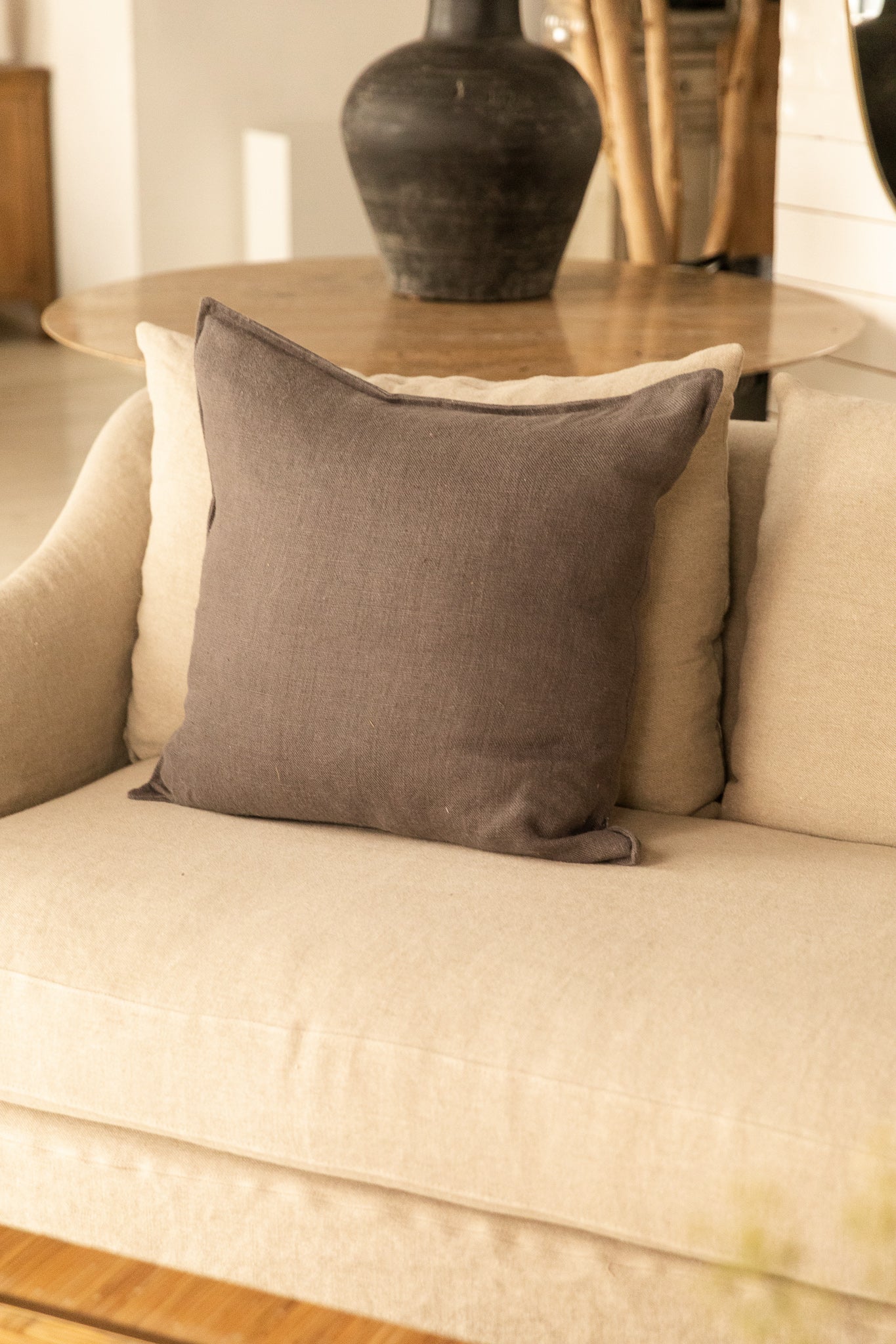 FUNDA DE COJÍN LINO GRIS PESTAÑA